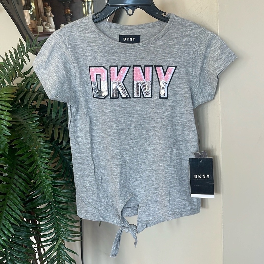 Brand New DKNY Heather Gray Short Sleeve Shirt w/ Pink Silver Sequins Tie Waist